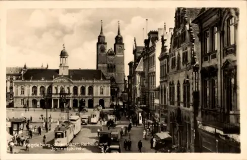 Ak Magdeburg an der Elbe, alter Markt, Straßenbahn, Rathaus, Johanniskirche