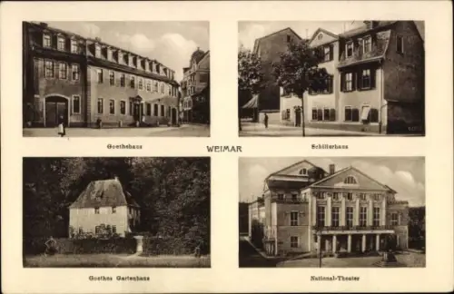 Ak Weimar in Thüringen, Goethehaus, Schillerhaus, Goethes Gartenhaus, National-Theater