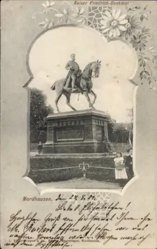 Ak Nordhausen am Harz, Kaiser Friedrich-Denkmal,  Reiterstatue, Blumenornament