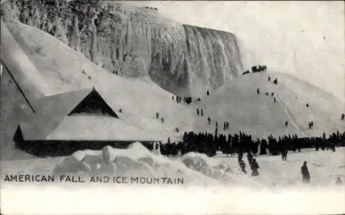 Ak Niagara Falls New York USA, Niagarafälle, Eisberg, Menschenmengen, Winterlandschaft