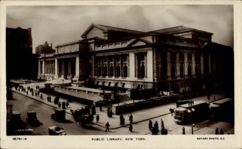 Ak New York City USA, Öffentliche Bibliothek,  Straßenansicht, Menschen, Pferdewagen