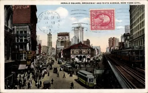 Ak New York City USA, Herald Square, Broadway, Sixth Avenue,  Menschenmenge, Straßenbahnen