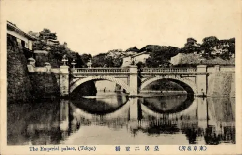 Ak Chiyoda Tokyo Tokio Japan, Brücke, Kaiserpalast,  Wasserreflexion, japanische Schriftzeichen