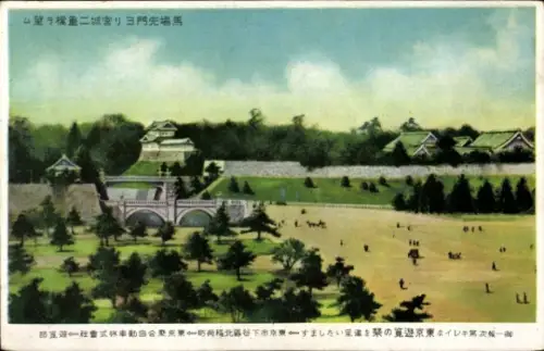 Ak Chiyoda Tokyo Tokio Japan, Farbenfrohe Landschaft, Brücke, Bäume, Pferde, Kaiserpalast