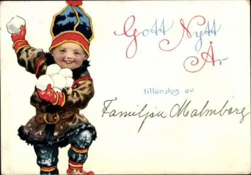 Ak Glückwunsch Neujahr, Kind, Schneebälle