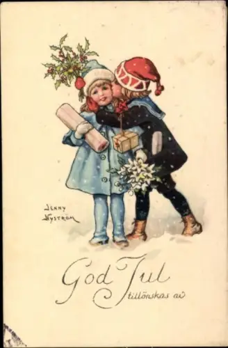 Künstler Ak Nyström, J., Glückwunsch Weihnachten, Kinder, Liebespaar, Stechpalme