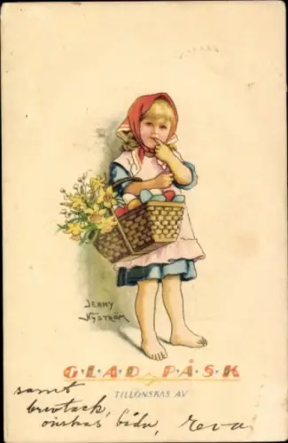 Künstler Ak Nyström, J., Glückwunsch Ostern, Mädchen, Korb mit Ostereiern