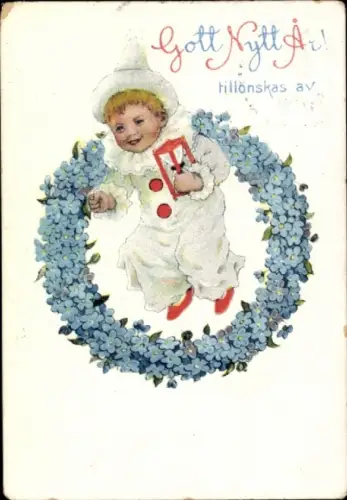 Ak Glückwunsch Neujahr, Kind mit Sanduhr, Vergissmeinnicht