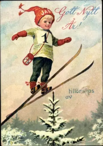 Ak Glückwunsch Neujahr, Skispringer, Sanduhr, Tannenbaum