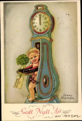 Künstler Ak Nyström, Jenny, Glückwunsch Neujahr, Standuhr, Klee