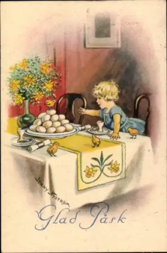 Künstler Ak Nyström, Jenny, Glückwunsch Ostern, Kind, Küken, Ostereier