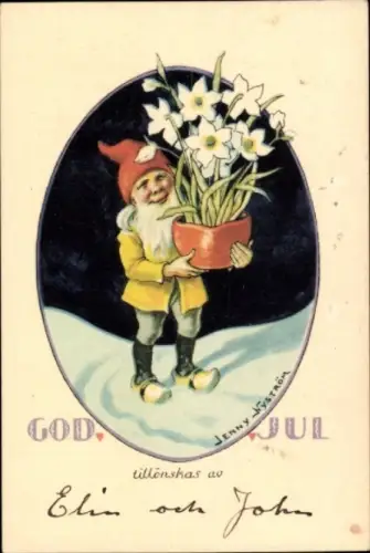 Künstler Ak Nyström, Jenny, Weihnachten, Zwerg mit Blumen