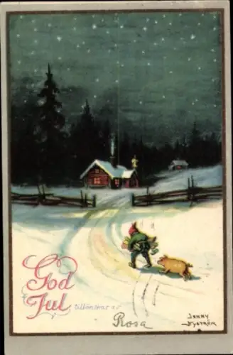 Künstler Ak Nyström, Jenny, Weihnachten, Dorfidyll, Zwerg, Schwein