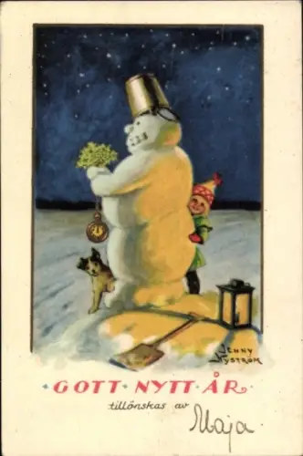 Künstler Ak Nyström, Jenny, Glückwunsch Neujahr, Schneemann, Mädchen, Hund