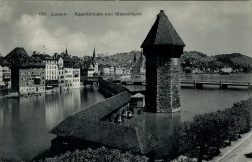 Ak Lucerne Luzern Stadt Schweiz,  Kapellbrücke, Wasserturm, Wasser, Stadtansicht