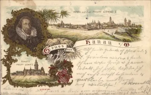 Litho Hanau am Main, Zur Zeit Philipp Ludwigs II., Schloss, Portrait, Wappen