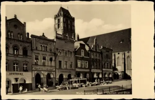 Ak Kwidzyn Marienwerder Westpreußen, Lauben und Dom, Apotheke, Geschäfte