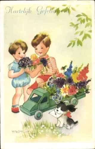 Künstler Ak Schermele, Willy, Glückwunsch, Zwei Kinder, Spielzeugauto mit Blumen, Hund