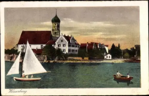 Ak Wasserburg am Bodensee Schwaben, Kirche,Boote