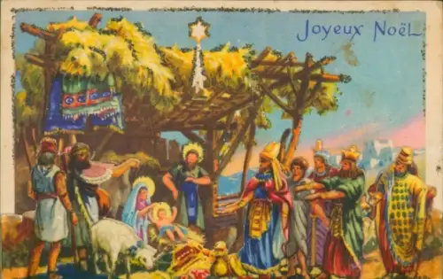 Glitzer Künstler Ak Glückwunsch Weihnachten, Heilige Familie, Gäste, Tiere