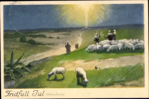 Künstler Ak Nyström, J., Glückwunsch Weihnachten, Hirten, Lämmer, Stern