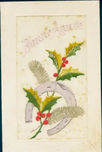 Seidenstick Ak Glückwunsch Neujahr, Stechpalme, Hufeisen