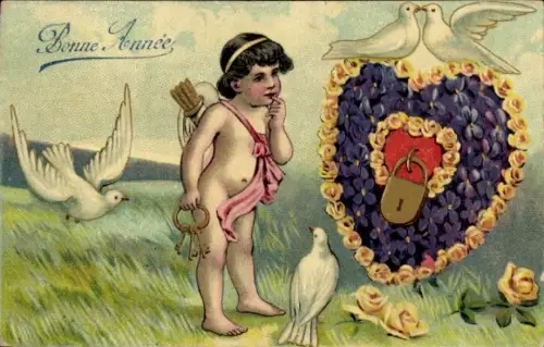 Präge Ak Glückwunsch Neujahr, Engel, Amor, Tauben, Herz, Schlüssel