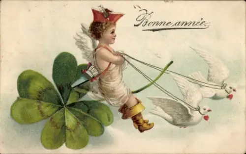 Präge Ak Glückwunsch Neujahr, Tauben ziehen Engel auf einem Kleeblatt