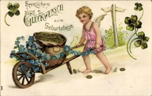 Präge Ak Glückwunsch Geburtstag, Klee, Engel, Vergissmeinnicht