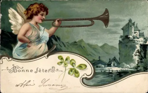 Präge Litho Glückwunsch, Engel spielt Trompete, Glücksklee