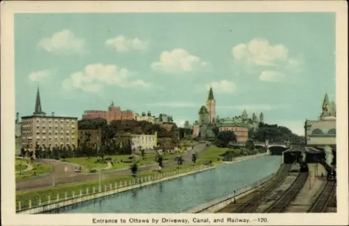 Ak Ottawa Ontario Kanada, Auffahrt, Kanal und Eisenbahn