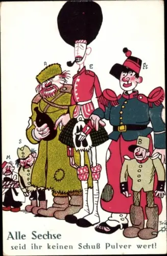 Künstler Ak Trier, Alle Sechse seid ihr keinen Schuss Pulver wert, Russe, Franzose, Brite, Karikatur