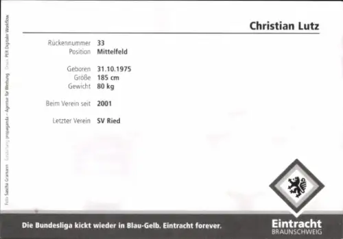 Autogrammkarte Christian Lutz, Eintracht Braunschweig, Autogramm