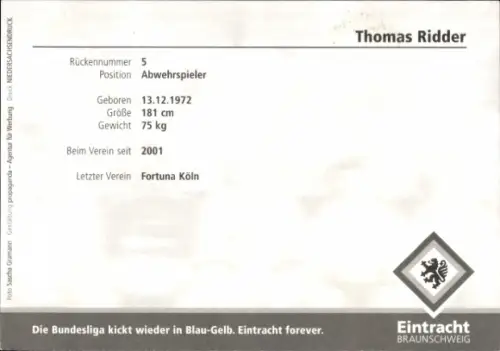Autogrammkarte Fußballer Thomas Ridder, Eintracht Braunschweig, Autogramm