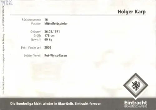 Autogrammkarte Fußballer Holger Karp, Eintracht Braunschweig, Autogramm