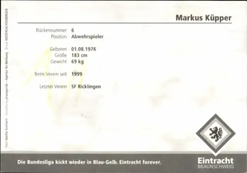 Autogrammkarte Fußballer Markus Küpper, Eintracht Braunschweig, Autogramm