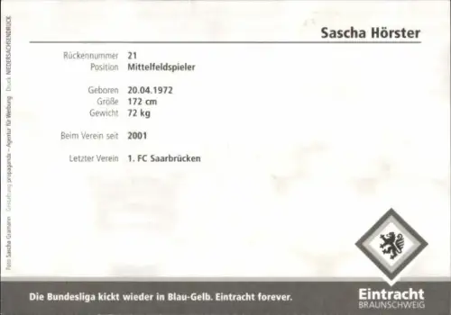 Autogrammkarte Fußballer Sascha Hörster, Eintracht Braunschweig, Autogramm
