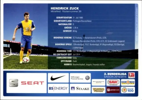 Autogrammkarte Fußballer Hendrick Zuck, Eintracht Braunschweig, Autogramm