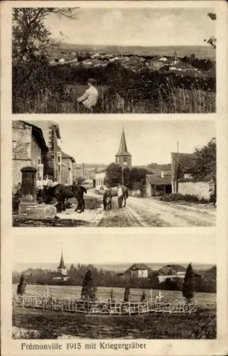 Ak Frémonville Lothringen Meurthe et Moselle, Kriegergräber, Stadtansicht