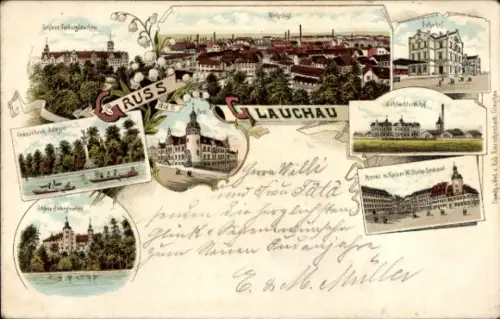 Litho Glauchau an der Zwickauer Mulde in Sachsen, Schloss, Schlachtviehhof, Post, Bahnhof, Markt