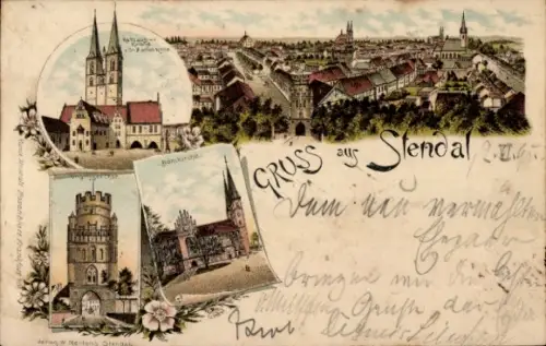 Litho Stendal in der Altmarkt, Rathaus, Roland, St. Marienkirche, Domkirche, Tor, Stadt
