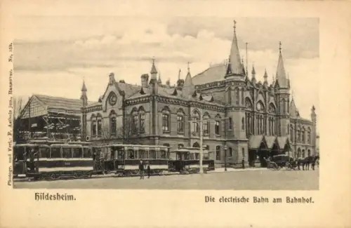 Ak Hildesheim in Niedersachsen, Bahnhof, Elektrische Bahn, Straßenbahnen