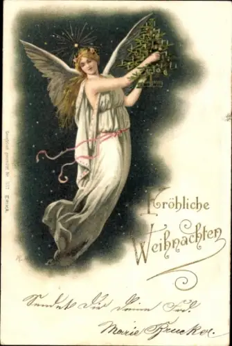 Ak Frohe Weihnachten, Engel, Tannenbaum