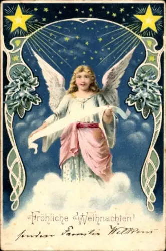 Ak Frohe Weihnachten, Engel, Sternenlicht