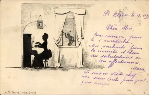 Scherenschnitt Ak Frau spielt Klavier, Musikinstrument