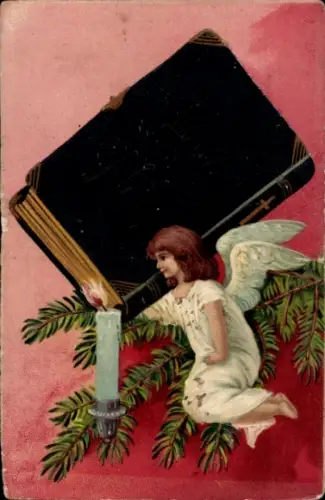 Präge Ak Engel mit Bibel, Kerze
