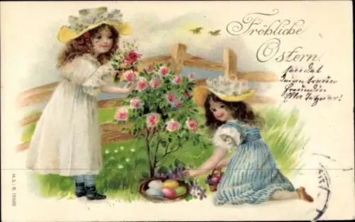 Präge Ak Glückwunsch Ostern, Zwei Mädchen, Ostereier, Rosen