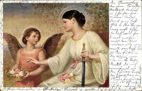 Ak Engel mit Blumenkorb, Frau mit Schwert