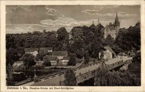 Ak Zwickau in Sachsen, Paradiesbrücke mit Ebertschlösschen