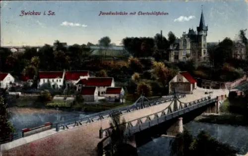 Ak Zwickau in Sachsen, Paradiesbrücke mit Ebertschlösschen